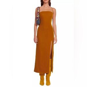 NEW Staud Bellamy Lace-Up Velvet Midi Slip dress size Large Ochre Yellow/Brown